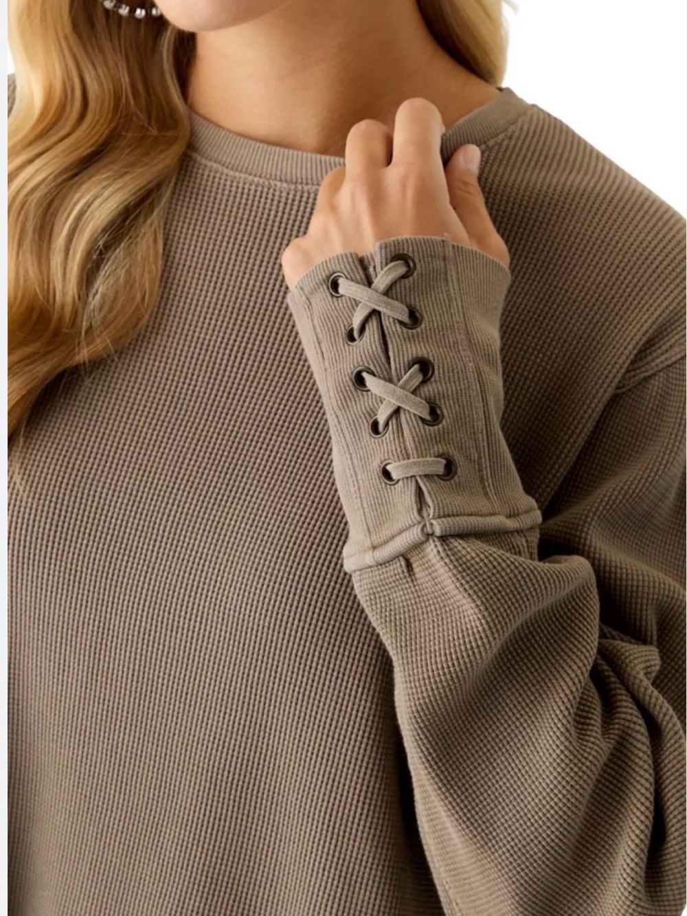 We The Free Taupe Waffle Knit Lace-Up Cuff Crewneck Sweater